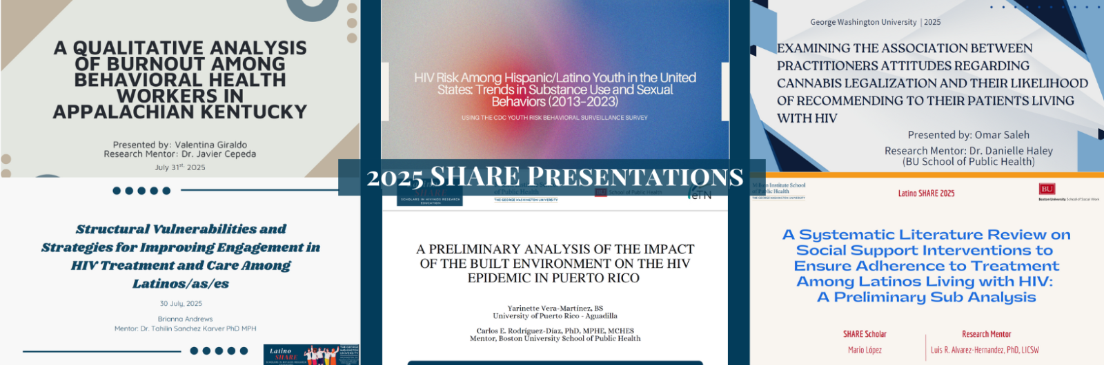 Images of Title slides of past projects of students: "A QUALITATIVE ANALYSIS OF BURNOUT AMONG BEHAVIORAL HEALTH WORKERS IN APPALACHIAN KENTUCKY", "Structural Vulnerabilities andStrategies for Improving Engagement inHIV Treatment and Care AmongLatinos/as/es", "EXAMINING THE ASSOCIATION BETWEEN PRACTITIONERS ATTITUDES REGARDING CANNABIS LEGALIZATION AND THEIR LIKELIHOOD OF RECOMMENDING TO THEIR PATIENTS LIVING WITH HIV"...etc